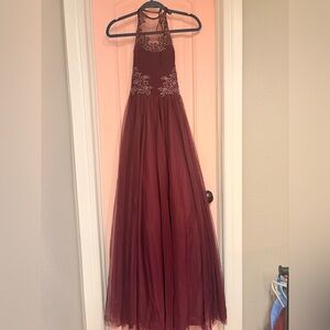 Blondie Burgundy Beaded Halter Prom Dress - Size 1 - Tulle Ball Gown-Retail $239